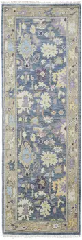 8' Gold Blue and Purple Wool Oriental Hand Knotted Runner Rug With Fringe