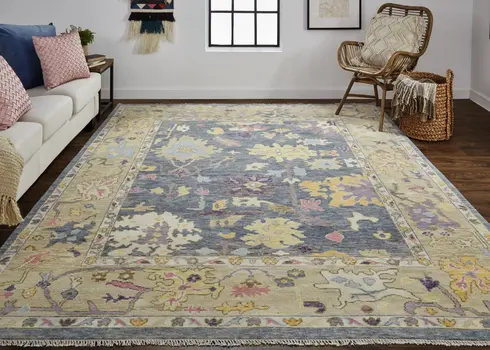 12' X 15' Gold Blue and Purple Wool Oriental Hand Knotted Area Rug With Fringe
