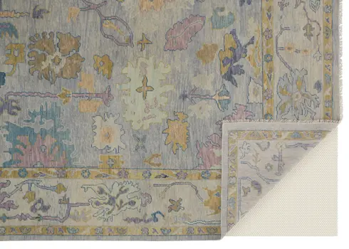 9' X 13' Purple Gray and Gold Wool Oriental Hand Knotted Area Rug With Fringe