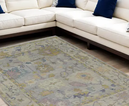 9' X 13' Purple Gray and Gold Wool Oriental Hand Knotted Area Rug With Fringe