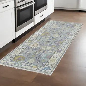 8' Purple Gray and Gold Wool Oriental Hand Knotted Runner Rug With Fringe