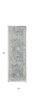 8' Purple Gray and Gold Wool Oriental Hand Knotted Runner Rug With Fringe