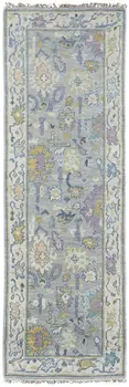 8' Purple Gray and Gold Wool Oriental Hand Knotted Runner Rug With Fringe