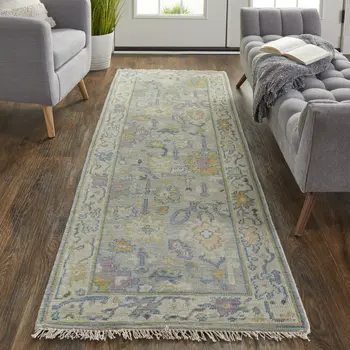 8' Purple Gray and Gold Wool Oriental Hand Knotted Runner Rug With Fringe