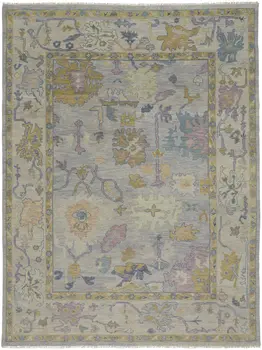 2' X 3' Purple Gray and Gold Wool Oriental Hand Knotted Area Rug With Fringe