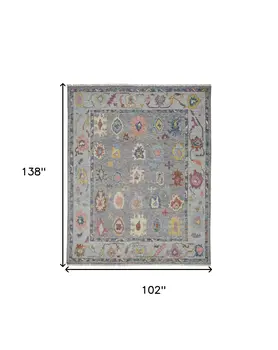 8' X 12' Gray Blue and Red Wool Oriental Hand Knotted Area Rug With Fringe