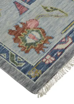 9' X 13' Gray Blue and Red Wool Oriental Hand Knotted Area Rug With Fringe