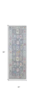 8' Gray Blue and Purple Wool Oriental Hand Knotted Runner Rug With Fringe