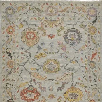 9' X 13' Gray Red and Yellow Wool Oriental Hand Knotted Area Rug With Fringe