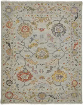 12' X 15' Gray Red and Yellow Wool Oriental Hand Knotted Area Rug With Fringe