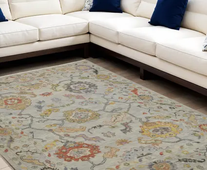 12' X 15' Gray Red and Yellow Wool Oriental Hand Knotted Area Rug With Fringe