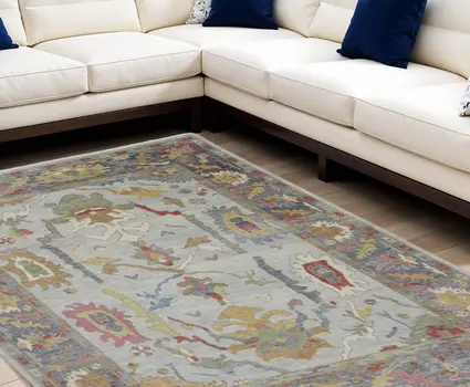 8' X 12' Gray Blue and Gold Wool Oriental Hand Knotted Area Rug With Fringe