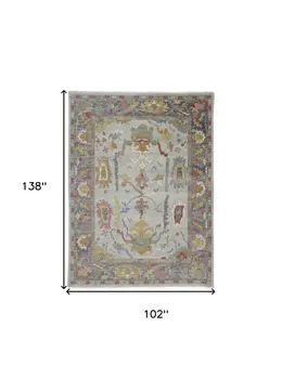 8' X 12' Gray Blue and Gold Wool Oriental Hand Knotted Area Rug With Fringe