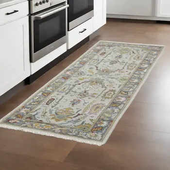8' Gray Blue and Gold Wool Oriental Hand Knotted Runner Rug With Fringe