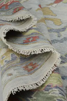 12' X 15' Gray Blue and Gold Wool Oriental Hand Knotted Area Rug With Fringe