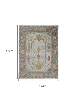 12' X 15' Gray Blue and Gold Wool Oriental Hand Knotted Area Rug With Fringe