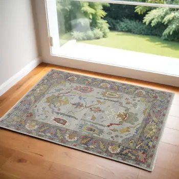2' X 3' Gray Blue and Gold Wool Oriental Hand Knotted Area Rug With Fringe
