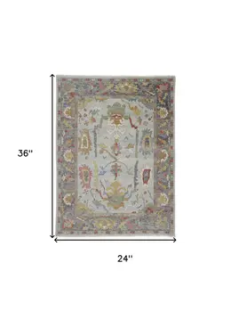 2' X 3' Gray Blue and Gold Wool Oriental Hand Knotted Area Rug With Fringe