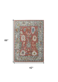 4' X 6' Gray Red and Ivory Wool Floral Hand Knotted Area Rug With Fringe