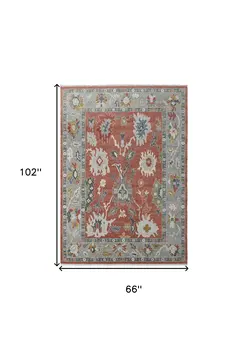 6' X 9' Gray Red and Ivory Wool Floral Hand Knotted Area Rug With Fringe