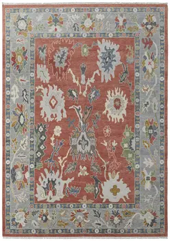 6' X 9' Gray Red and Ivory Wool Floral Hand Knotted Area Rug With Fringe
