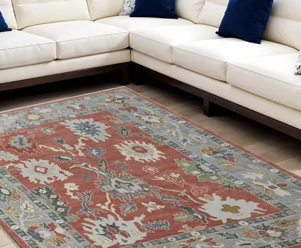 8' X 10' Gray Red and Ivory Wool Floral Hand Knotted Area Rug With Fringe