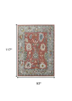 8' X 10' Gray Red and Ivory Wool Floral Hand Knotted Area Rug With Fringe