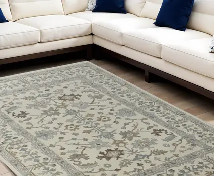 6' X 9' Ivory Gray and Brown Wool Floral Hand Knotted Area Rug With Fringe