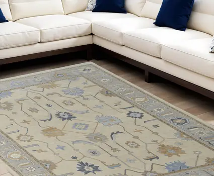 6' X 9' Gray Ivory and Blue Wool Floral Hand Knotted Area Rug With Fringe