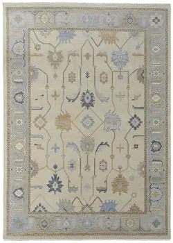 6' X 9' Gray Ivory and Blue Wool Floral Hand Knotted Area Rug With Fringe
