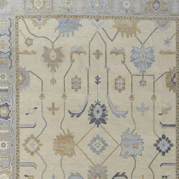 9' X 13' Gray Ivory and Blue Wool Floral Hand Knotted Area Rug With Fringe