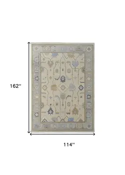9' X 13' Gray Ivory and Blue Wool Floral Hand Knotted Area Rug With Fringe
