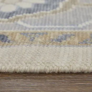2' X 3' Gray Ivory and Blue Wool Floral Hand Knotted Area Rug With Fringe