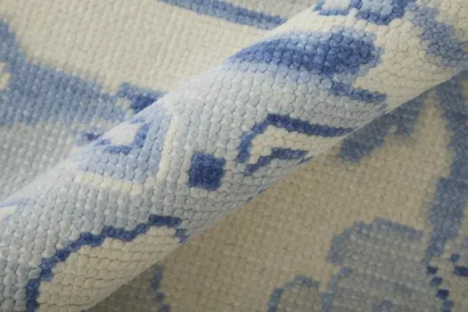9' X 13' Ivory and Blue Wool Floral Hand Knotted Area Rug With Fringe