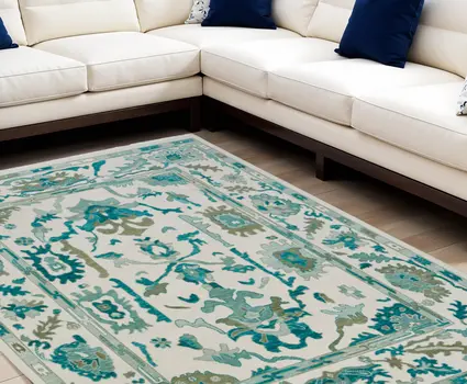 8' X 12' Green and Ivory Wool Floral Hand Knotted Area Rug With Fringe