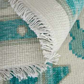 9' X 13' Green and Ivory Wool Floral Hand Knotted Area Rug With Fringe