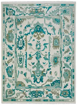 9' X 13' Green and Ivory Wool Floral Hand Knotted Area Rug With Fringe