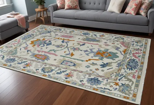 8' X 10' Blue Ivory and Pink Wool Floral Hand Knotted Area Rug With Fringe