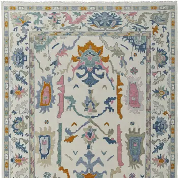 8' X 10' Blue Ivory and Pink Wool Floral Hand Knotted Area Rug With Fringe