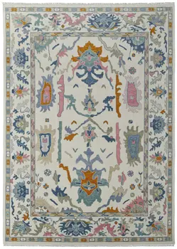 8' X 10' Blue Ivory and Pink Wool Floral Hand Knotted Area Rug With Fringe