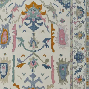 9' X 13' Blue Ivory and Pink Wool Floral Hand Knotted Area Rug With Fringe