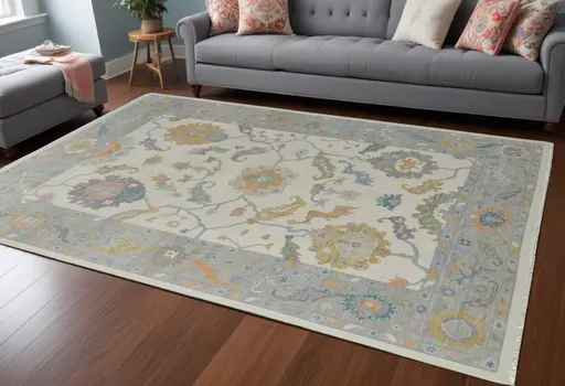 6' X 9' Gray Ivory and Orange Wool Floral Hand Knotted Area Rug With Fringe