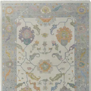 8' X 12' Gray Ivory and Orange Wool Floral Hand Knotted Area Rug With Fringe