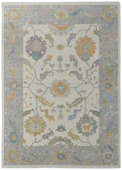 8' X 12' Gray Ivory and Orange Wool Floral Hand Knotted Area Rug With Fringe