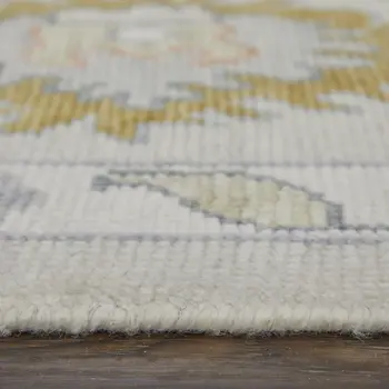 4' X 6' Gray Ivory and Gold Wool Floral Hand Knotted Area Rug With Fringe