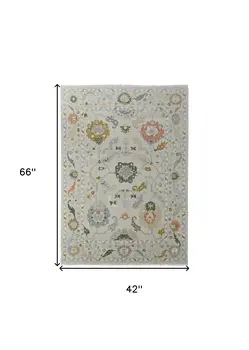 4' X 6' Gray Ivory and Gold Wool Floral Hand Knotted Area Rug With Fringe