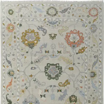 9' X 13' Gray Ivory and Gold Wool Floral Hand Knotted Area Rug With Fringe