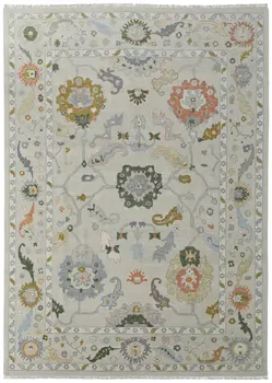 9' X 13' Gray Ivory and Gold Wool Floral Hand Knotted Area Rug With Fringe
