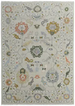 12' X 15' Gray Ivory and Gold Wool Floral Hand Knotted Area Rug With Fringe