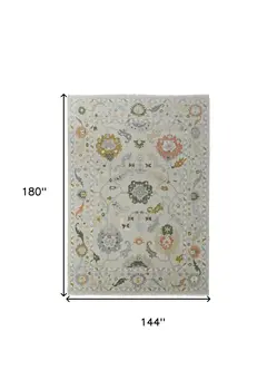 12' X 15' Gray Ivory and Gold Wool Floral Hand Knotted Area Rug With Fringe